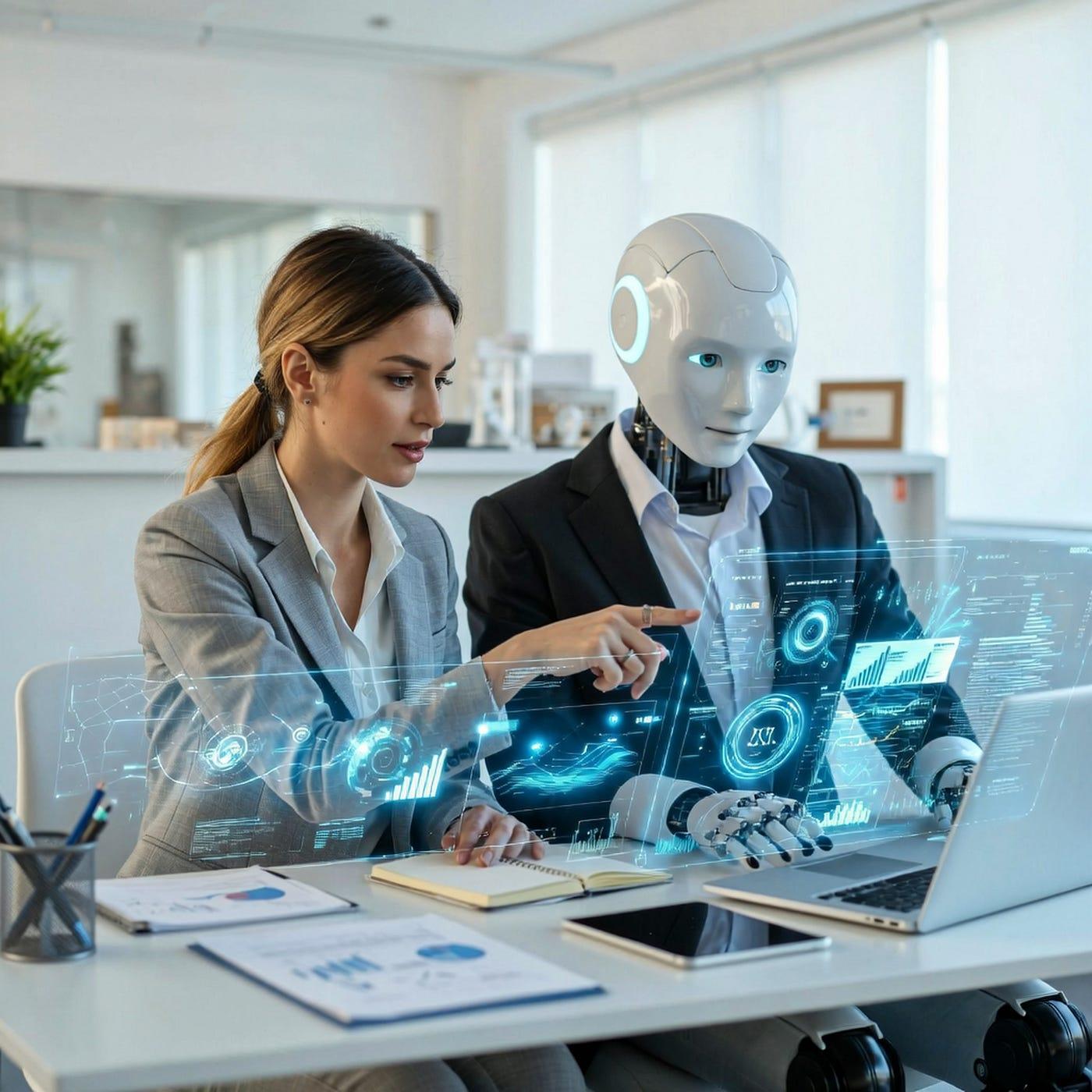 Business professional collaborating with an AI-powered humanoid agent at a shared digital workspace